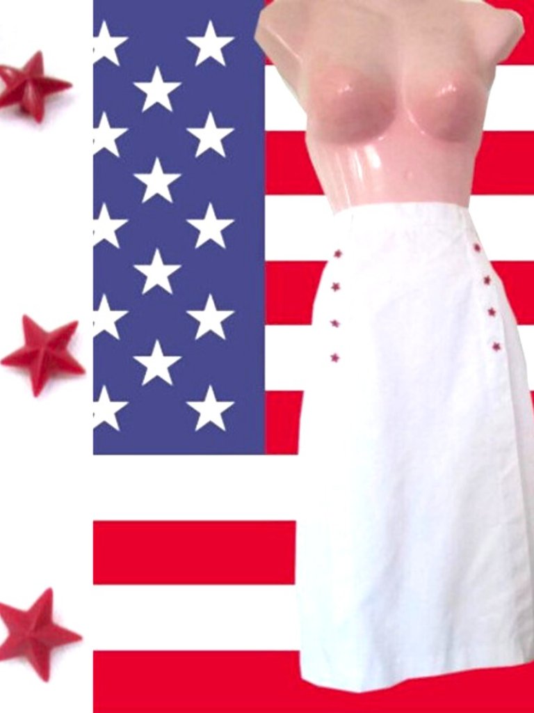 1970s Vintage Rockabilly White Midi Red Star Pencil Skirt Size Extra Small